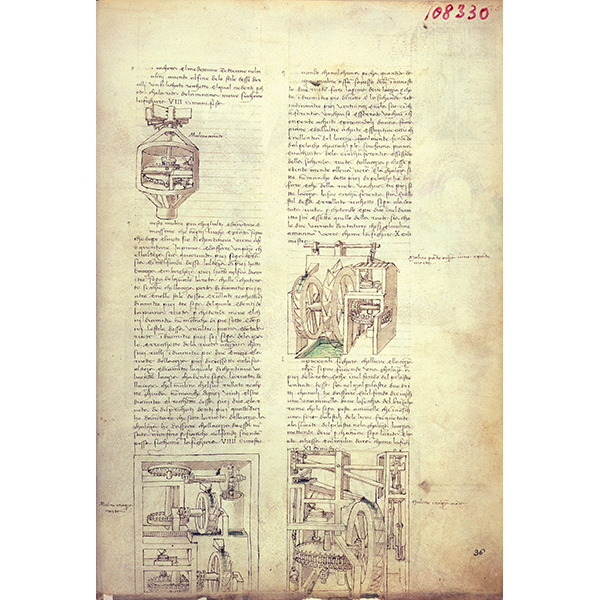Francesco di Giorgio Martini, Trattato di architettura I - Ms. Ashburnham 361 (BML), f. 36r - Mulini in acqua morta